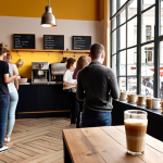 **

"A bustling, modern cafe interior in Warsaw, Poland. Focus on a barista expertly preparing a cappuccino with latte art, while several customers wait patiently. The atmosphere is warm and inviting, with natural light streaming through large windows. The background subtly shows a line of people waiting, perhaps a little impatiently, but overall the scene is positive and friendly. Polish newspapers are visible on a table."

**