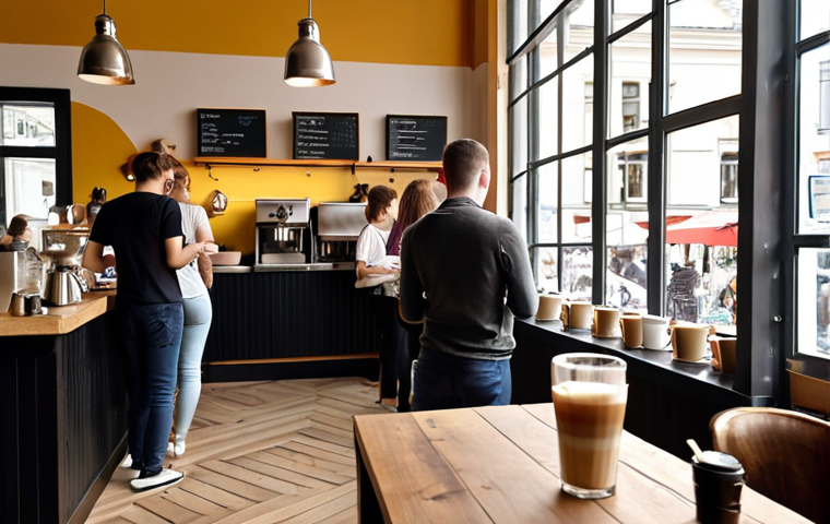 **

"A bustling, modern cafe interior in Warsaw, Poland. Focus on a barista expertly preparing a cappuccino with latte art, while several customers wait patiently. The atmosphere is warm and inviting, with natural light streaming through large windows. The background subtly shows a line of people waiting, perhaps a little impatiently, but overall the scene is positive and friendly. Polish newspapers are visible on a table."

**